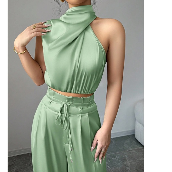 Classic Solid One Shoulder Wide leg Pants Set - Picture 5 of 7